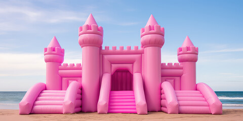 Wall Mural - Big Inflatable Pink bounce castle on a sandy beach against blue sky, minimal style summer wallpaper, nobody. Sea beach vacation, fun activity for kids.