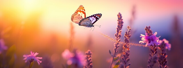 Wall Mural - art Beautiful summer sunset background with blooming wild lovanda flowers and flying butterflies in a sunny meadow