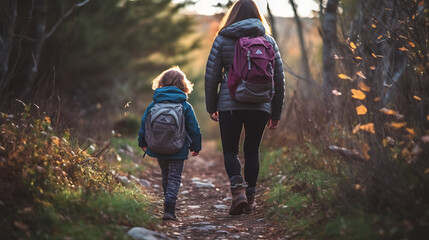 Wall Mural - Mother and daughter hiking in the mountains it autumn.Created with Generative AI technology.