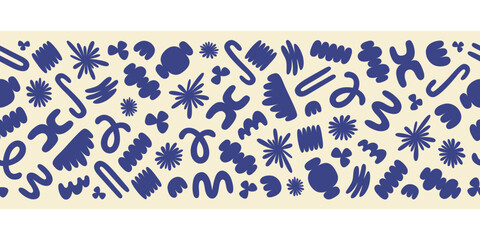 Poster - Horizontal border with blue organic shapes isolated on a beige background. Trendy abstract seamless background. Vector illustration