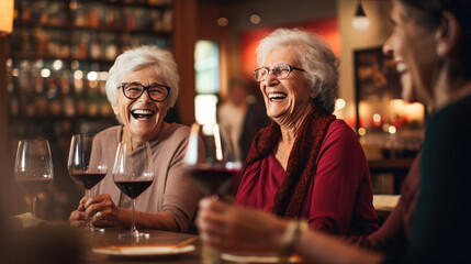 Wall Mural - middle-aged women enjoying themselves in a bar drinking wine. Created with Generative AI technology.