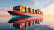 Illustration. Frachtschiff mit bunten Containern gleitet durch das ruhige Meer. Lebendige Farbtöne.