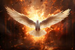 Photo flying dove fire abstract background 