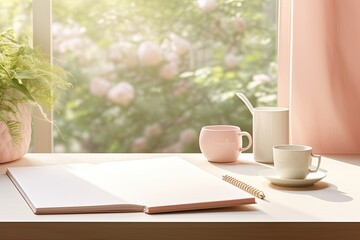 Poster - A beautiful desk table for a home office, designed to Mockup Of pleasing aesthetic. The workspace has a feminine touch with a paper notebook, a cup of coffee, a plant, and a chair bathed in natural