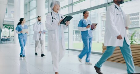 Poster - Teamwork, healthcare and walking with doctors in hospital for research, consulting and support. Medicine, medical and diversity with group of people in clinic for collaboration, report and surgery