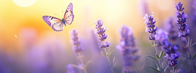 Sunny summer nature background with fly butterfly and lavender flowers with sunlight and bokeh. Outdoor nature banner