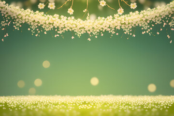 Wall Mural - Spring flower banner with branches of blossoming white gypsophila on green background with bokeh effect end empty space for text. Spring time. Natural blossoming background