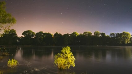 Wall Mural - 4k Hyperlapse Night Sky Above River. From Dusk To Dawn. Stars Float Across Sky. Night Sky Turns Into Morning. Meteors Fly Across The Night Sky. Dawn Is Coming. Meditation By The Water. Calmness And