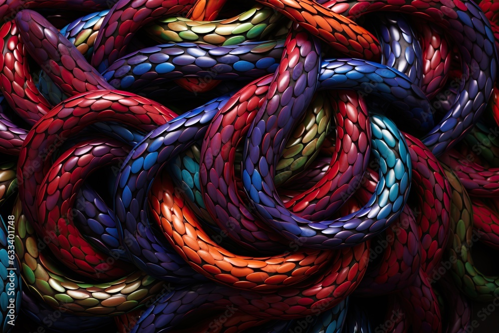 Intertwined, tangle of multi-coloured snakes with clear scale texture ...