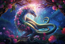Fabulous Dragon Snake With White Flowers As A Symbol Of Power Of Love