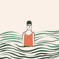 Vector illustration of swimmer standing in sea