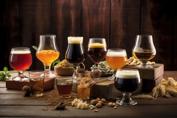 Wall Mural - beer tasting glassware arranged on rustic background