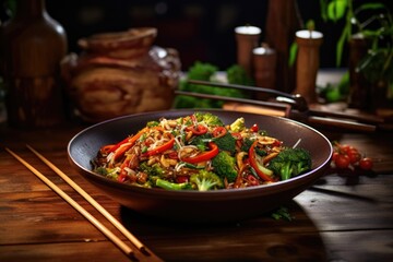 Poster - wok on a rustic wooden table with chopsticks nearby