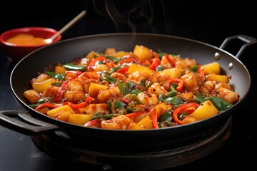 Sticker - wok with bubbling sweet and sour sauce and pineapple