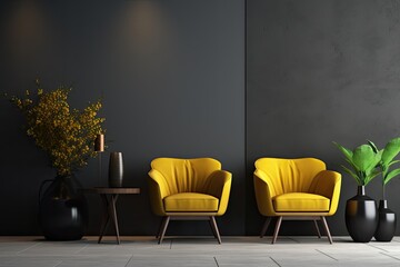 Wall Mural - A rendering of a interior wall mockup featuring dark tones and a yellow armchair against a black wall background.