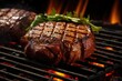 close-up of juicy steak sizzling on grill