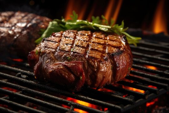 close-up of juicy steak sizzling on grill