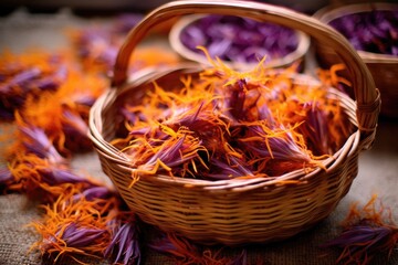 Sticker - close-up view of fresh saffron stigmas in a basket