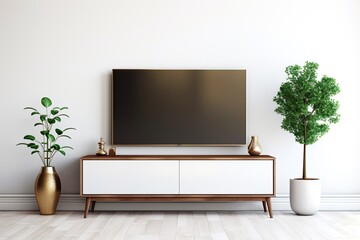 Poster - A television sits on top of a cabinet in a contemporary living room, against a white wall background. The image is a rendering.