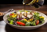 drizzling olive oil and balsamic vinegar on a salad