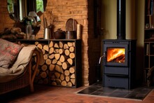 Wood-burning Stove With Firewood Nearby