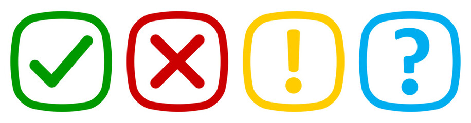 Aufkleber - Set of flat rounded square check mark, X mark exclamation point and question mark. Checkmark, exclamation, X and question mark icon. Vector illustrations in outline color green, yellow, red and blue.