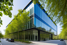 Eco-friendly Building In The Modern City. Sustainable Glass Office Building With Tree For Reducing Carbon Dioxide. Office Building With Green Environment. Corporate Building Reduce CO2.