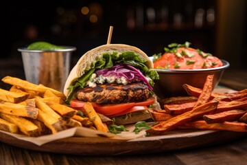 Sticker - colorful veggie burger with a side of sweet potato fries