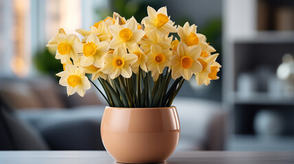 Wall Mural - yellow tulips in the pot and vase with the daffodils on the windowsill