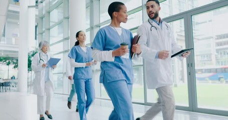 Poster - Teamwork, nurse and walking with doctors in hospital for research, consulting and support. Medicine, healthcare and diversity with group of people in clinic for collaboration, medical and surgery