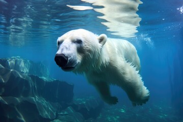 Wall Mural - polar bear swimming underwater in clear blue ice