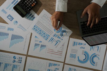 Poster - finances and calculate  businessman finance accountant use calculator and computer report investment economy datum analysis brainstorming new business project finance fund profit concept