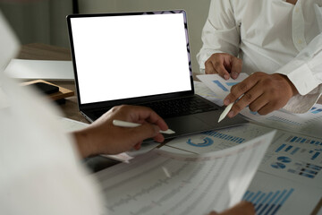 Poster - Laptop with blank screen on table. Workspace background new project on laptop computer with blank copy space screen for your advertising text message