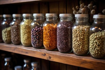 Poster - close-up of heritage seeds in glass jars on rustic shelf