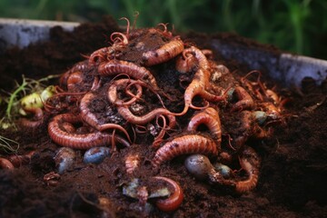 Sticker - close-up of worms in compost pile, decomposing organic matter