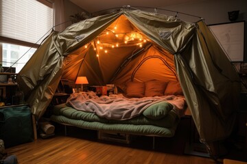 Wall Mural - tent with open flaps revealing cozy interior setup