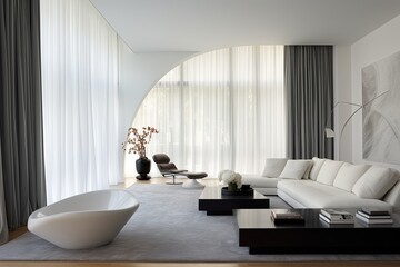 Sticker - A contemporary room with airy curtains and a sleek interior design.