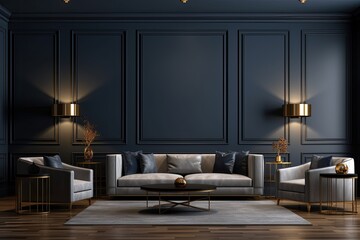 A living room or business lounge designed in deep, dark colors featuring a combination of navy blue and gray. The empty wall serves as a mockup, allowing for a painted background and showcasing a