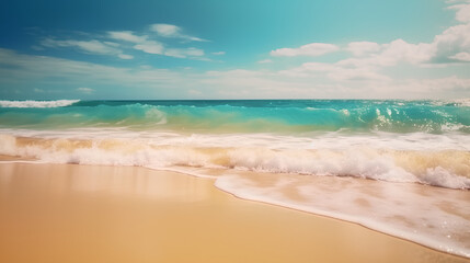 Wall Mural - Abstract blur defocused background. Tropical summer beach with golden sand, turquoise ocean and blue sky with white clouds on bright sunny day. Colorful landscape for summer holidays