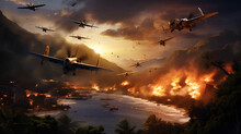 多くの爆撃機によって攻撃され燃え盛っている島