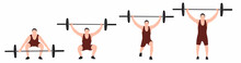 Set Of Men Characters In Gym Doing Exercises And Workouts Weight Training. Collection Of Male Bodybuilding Lifestyle. Athlete Doing Barbell Overhead Press Exercise. Vector Illustration