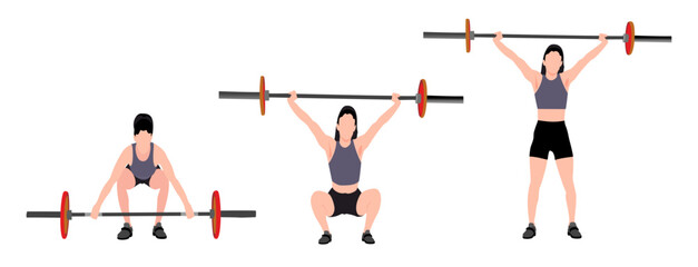 Woman doing barbell deadlifts exercise.  A fitness enthusiast doing weight lifting. Flat vector illustration on white background. 