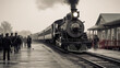 © Marco Attano - Historic small - town train station, wooden platform, steam engine arriving, people waiting, overcast day