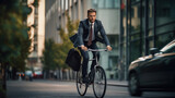 Fototapeta Miasto - Businessman dressed in a suit and riding a bicycle to work
