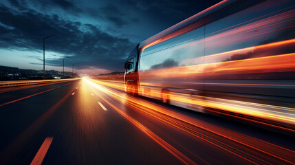 Wall Mural - Bus driving on highway at night, car headlight light trail speed motion blur, futuristic logistic transportation background