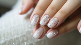 Beautiful female hands with manicure close-up, modern stylish wedding nail design, hands of the bride, generative ai