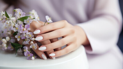 Wall Mural - Beautiful female hands with manicure close-up, modern stylish wedding nail design, hands of the bride, generative ai