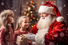 Santa Claus Gives A Gift To Two Girls. Christmas Celebration.