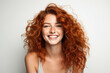 Generative AI closeup portrait of amazing young red hair woman attractive appearance isolated over colorful background