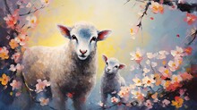 Painting Illustration Cute Two Sheep Mom And Baby Lamb Standing Together In Flower Garden, Generative Ai